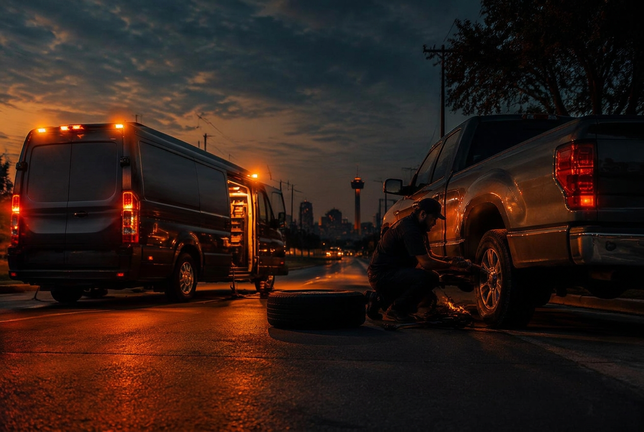 Mechanic changing a tire beside a service van at dusk